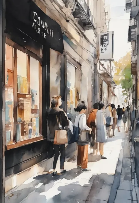 at a cute boutique shop with watercolor paintings、people々are lined up on the sidewalk, in the city, dystopia