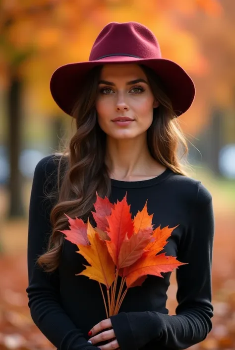 [a woman in a burgundy hat and black long-sleeved top, holding a bouquet of autumn leaves to her chest, stands in a park, lookin...