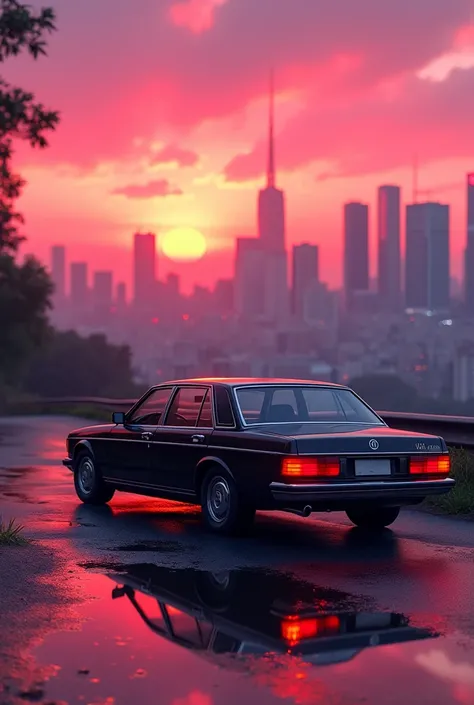 the car is parked next to the road. :: rosa sunset and city in the background :: 1980 :: luxury style :: hyperdetailed : ultra r...