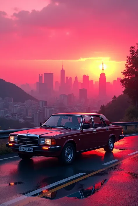 the car is parked next to the road. :: rosa sunset and city in the background :: 1980 :: luxury style :: hyperdetailed : ultra r...