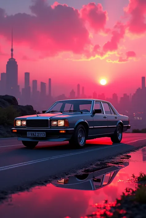 the car is parked next to the road. :: rosa sunset and city in the background :: 1980 :: luxury style :: hyperdetailed : ultra r...