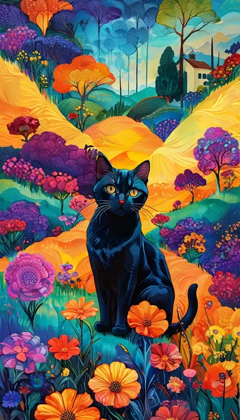 Masterpiece, best composition, dynamic composition, colorful landscape painting, cat on lawn, psychedelic landscape, vivid oil p...