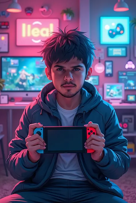 holding a nintendo switch with gamer scenery