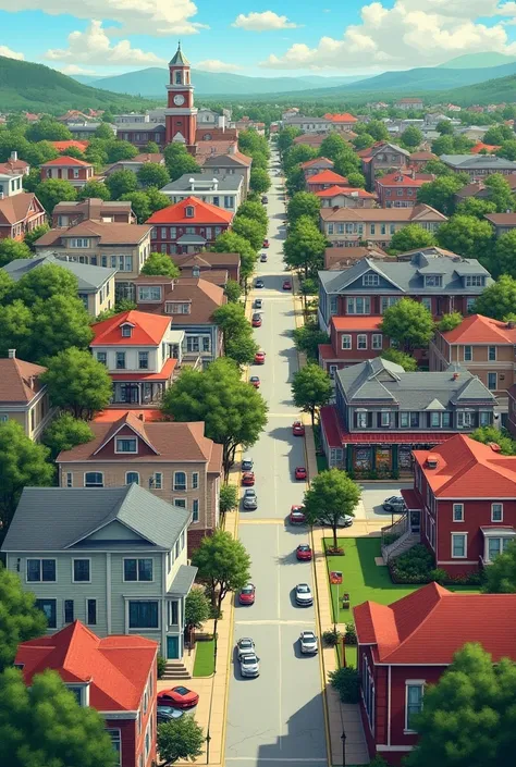 roads houses suburban houses shotgun houses grocery stores shops stations schools