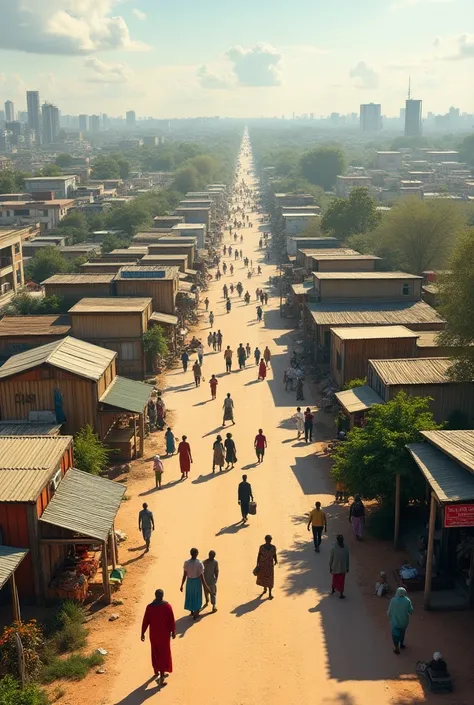 a somalian city with a normal floors and some houses, in a day,  beautiful roads and highways and the people walking around that...