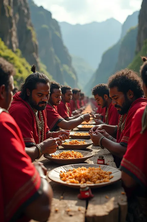 inca soldiers wearing red ponchos eating soldiers