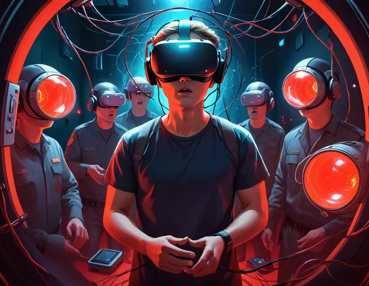 virtual prison release": a person exiting a virtual reality capsule, breaking cables and removing a device from their head. in t...