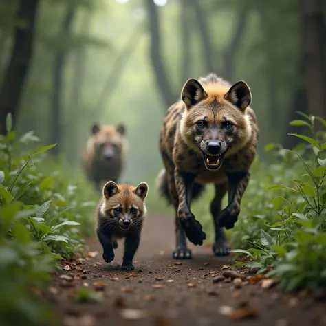 this image shows an adorable little fat wolverine baby running scared down a forest path. a dangerous looking hyena is running b...