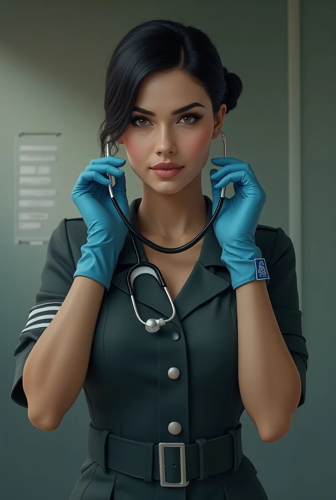 a black-haired woman, brown eyes, her hair is in a bun  .   she's a medical commander in the french army  .   her dress shows a ...