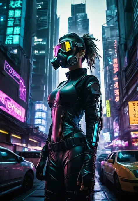 image: a female bust shot wearing cybernetic suits, headgear, cyber goggles, hidden behind a gas mask, with a mechanical arm sur...