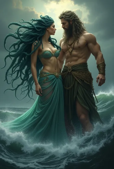 the beauty of medus , and poseidon standing next to her