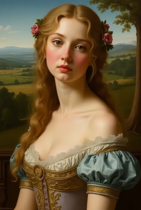 please create a renaissance-style painting of an ideal beautiful woman worthy of marraige of renaissance italy time period. hair...