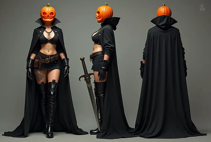 A sexy woman (age 25, gorgeous butt, large perky breasts, toned belly, hourglass figure, role of headless horseman, black cape, ...