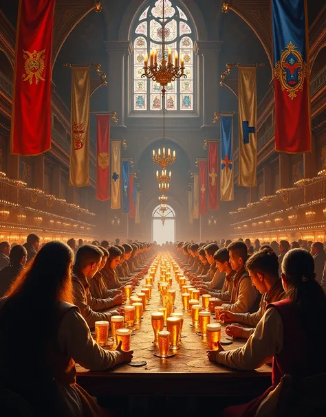 medieval bar ,  brightly colored religious flags,  spacious long table ， full table with beer glasses ， amazing scene ,  intrica...