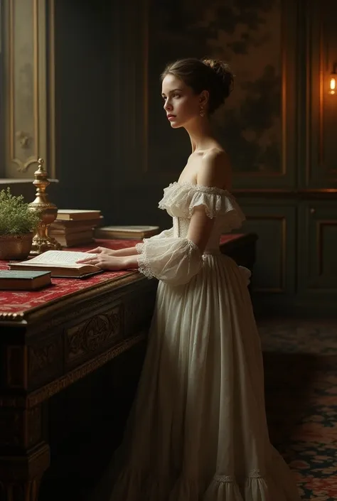 an aristocratic woman in a 19 th-century standing near a table, looking on the table