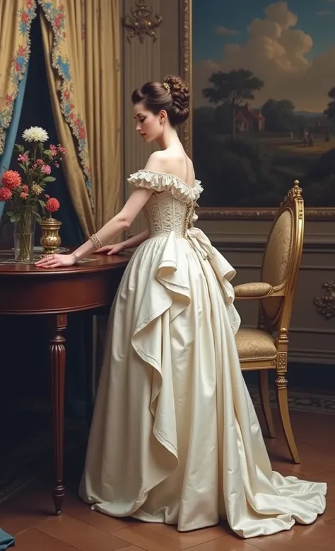 an aristocratic english countess in 19 th-century standing near a table, leaning and looking on the table