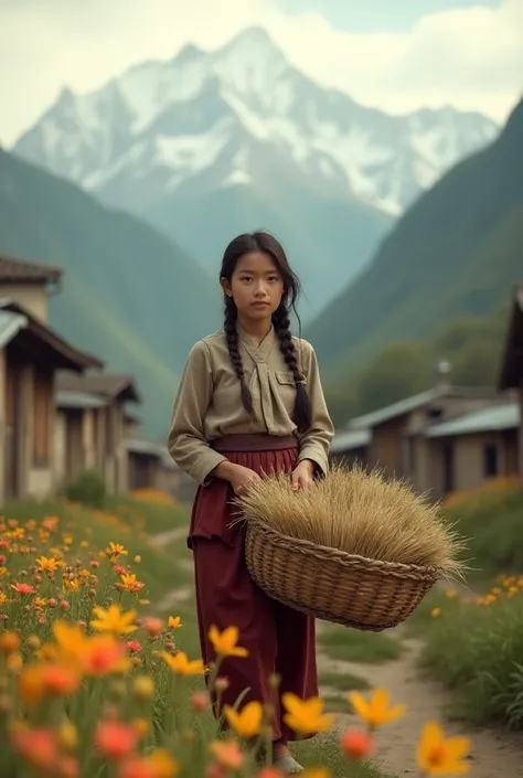 very old rare photo of beautiful girl of nepal,old village,mountain,hills,flowers,carrying doko full of grass.