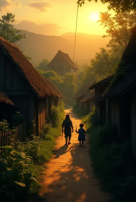 village view: an old village, with a few houses and an abandoned house in the distance. shadows of villagers in the evening ligh...