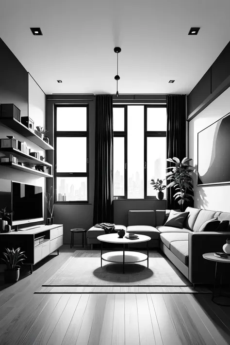 masterpiece, best quality, manga style, line art, apartment interior, monochrome, high contrast, good use of solid black, manga ...