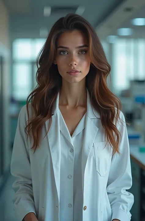 a beautiful girl with long brown hair, detailed eyes, nose, and lips, wearing medical clothing , white jacket,  standing in her ...