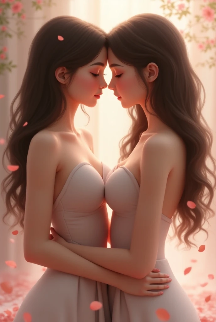 two cute affectionate and busty twins pressing chest to chest.