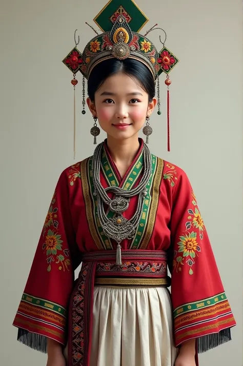 black hmong with red and green sash and hmong white short skirt both front and back, hmong silver jewelry, hmong headwear, pleat...