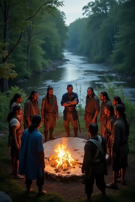 characters: native american warriors and french soldiers; description: native american allies discussing strategy with french of...