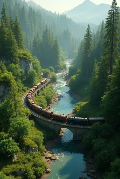 circular-shaped landscape of trees and rivers and realistic old train