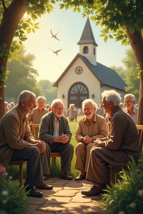 recreate a scene where a group of elderly people appear, happy, sharing fraternally on the outskirts of a catholic church, outdo...