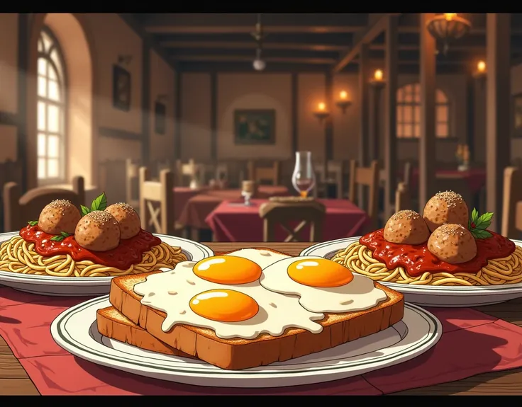 anime style, anime art, anime illustration, fried eggs on toast ,there are meatballs on a plate with meat sauce spaghetti,ghibli...