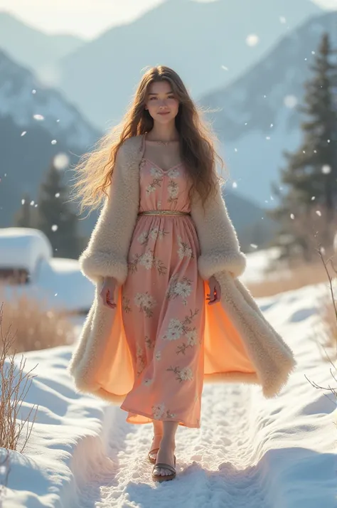 a beautiful young woman with a radiant, cute face, long flowing hair, and a perfect smile, wearing a peach-colored dress printed...