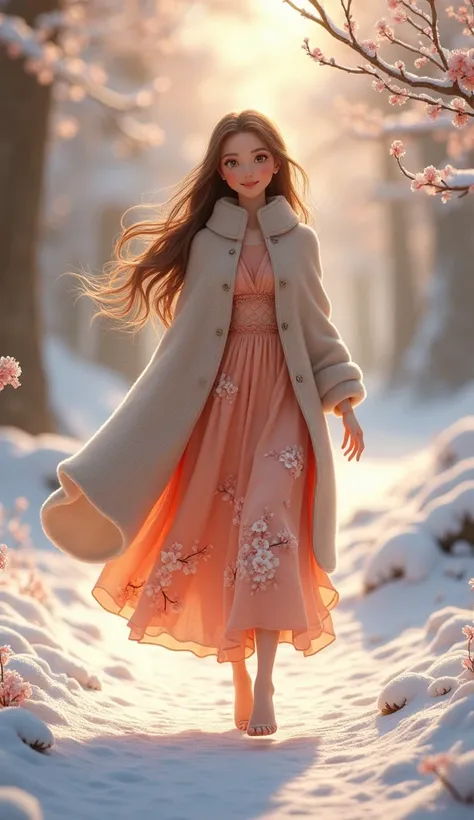 disney inspired image : a young woman with a cute, radiant face and long, flowing hair walks gracefully down a snow-dusted path....