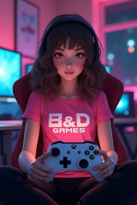 gamer girl with :  medium curly brown hair ,  brown eyes, ,  a pink t-shirt and a black legging . written on her t-shirt with b ...