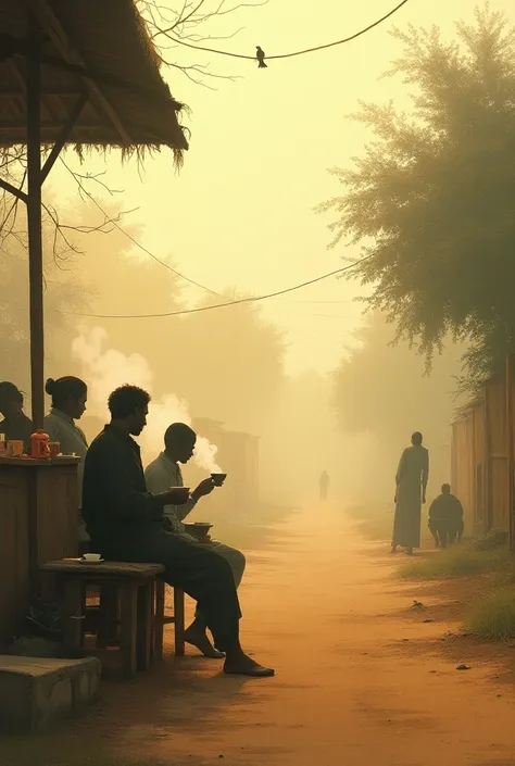 silently, figures sip tea at the village tea stall, their forms etched against the backdrop of the dusty rural road i wonder who...