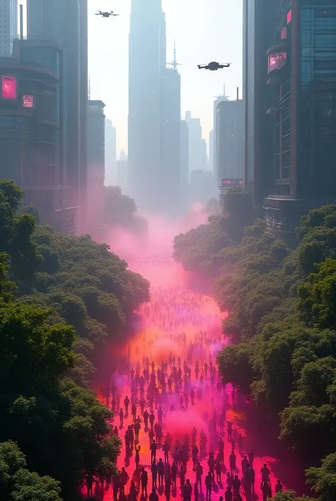 holi in a futuristic city made between forests from top angled drone view