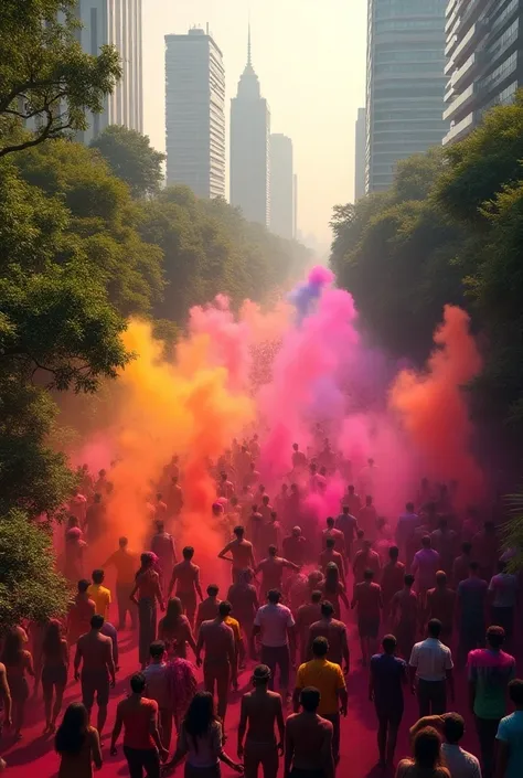 holi in a futuristic city made between forests from top angled drone view from top