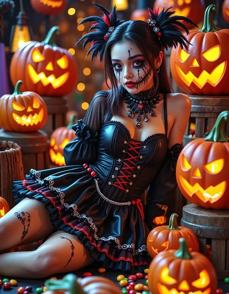 (Vision:1.0)，(Wide Angle:1.0)，(whole body:1.8)，  Halloween themed haunted house ，1girl,  A female model wears scary Halloween ma...