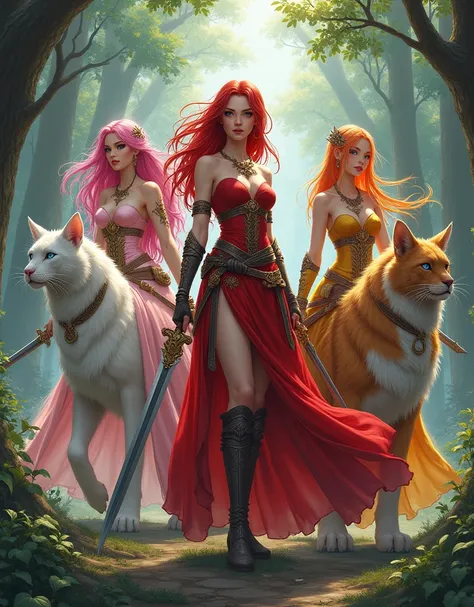 a beautiful sexy warrior woman with pink hair and blue eyes and with a beautiful pink realistic warrior dress, with a sword and ...