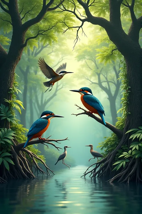 a vibrant scene depicting various bird species in the sundarbans, including kingfishers and herons, perched on mangrove branches...