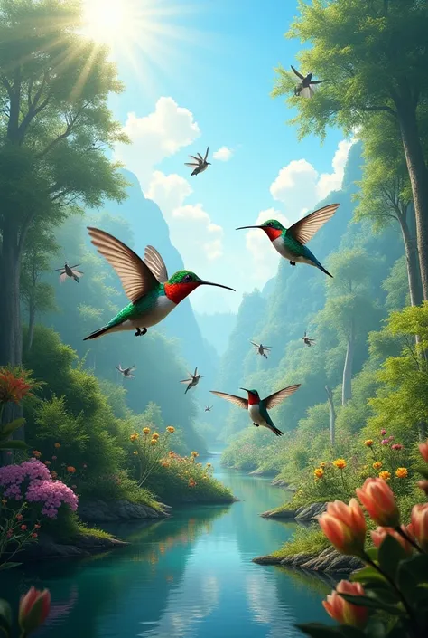 hummingbirds in a landscape