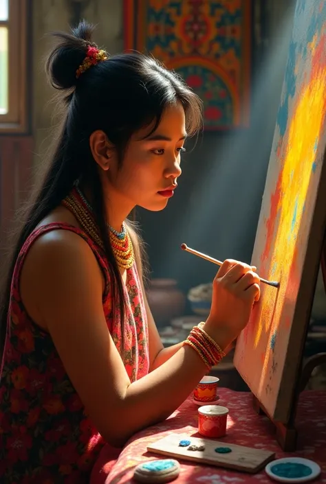 young quechua woman painting a work of art