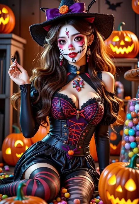 (Vision:1.0)，(Wide Angle:1.0)，(whole body:1.8)，  Halloween themed haunted house ，1girl,  A female model wears scary Halloween ma...