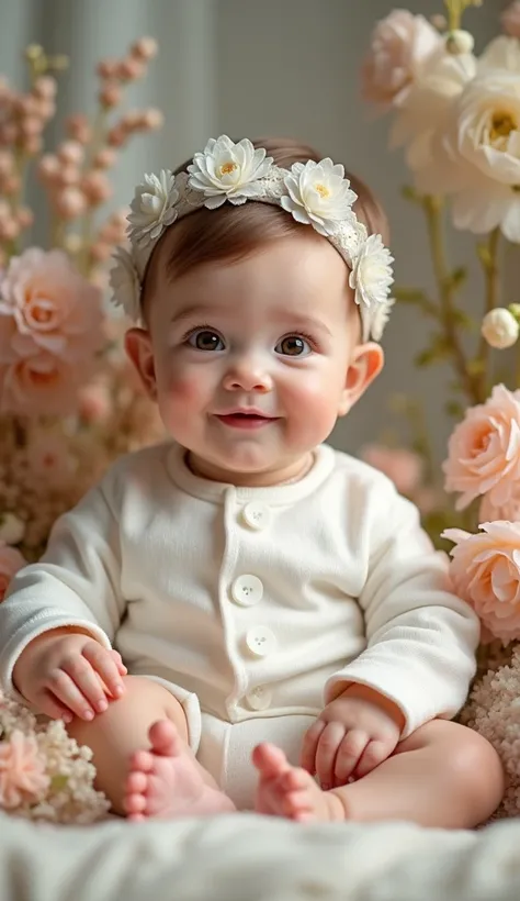 create a uhd photorealistic image of a 15-month-old girl named lysandra, dressed in a white outfit among elegant floral arrangem...