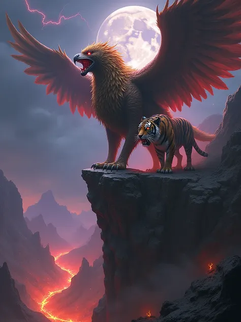 the scene depicts a towering griffin and a mutated saber-toothed tiger standing together at the edge of a crumbling cliff in a d...