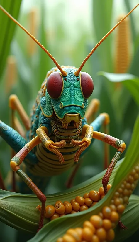 grass hopper in corn field, biting corn background is fantasy corn field hd