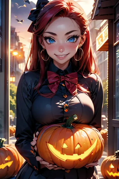 1 girl, Alone, looking at the viewer , smile, blue eyes, ((jewelry)), ((Red hair)) Hair bow, High resolution, masterpiece , ...