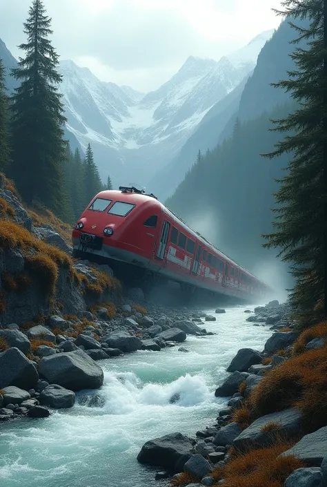 a red and white train capsized halfway in a mountainous area, realistic