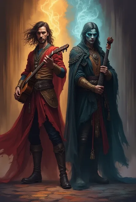 create two arts of an rpg bard, in the first image he is normal but in the second i want an aura of a necromancer.