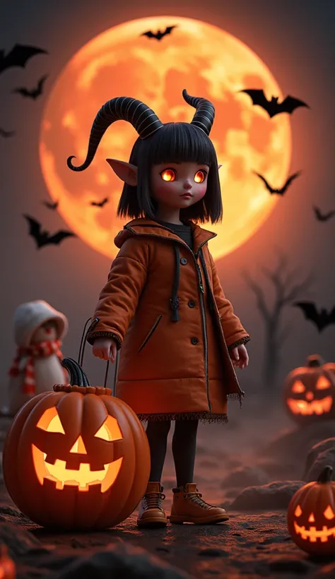 C4D modeling,OC rendering,a halloween C4D poster, a magical scene, jack-o-lantern , A demon girl holding a pumpkin lantern, c...