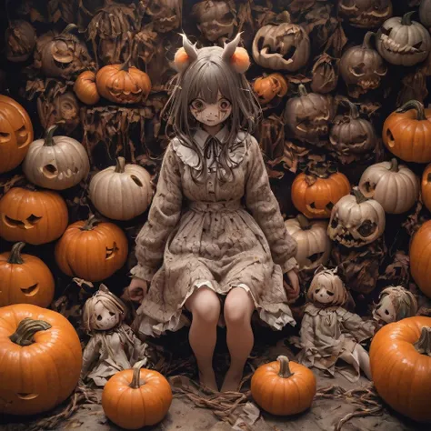 comfortable clothes 、bat ears, surrounded by pumpkins 、 with a girl holding hands, whole body、horror picture